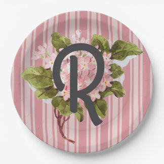 Monogram and Flowers on Pink Stripes Paper Plate