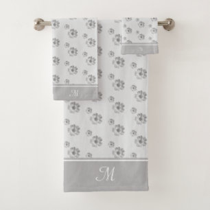 Monogram and Flowers on Silver Grey Bath Towel Set