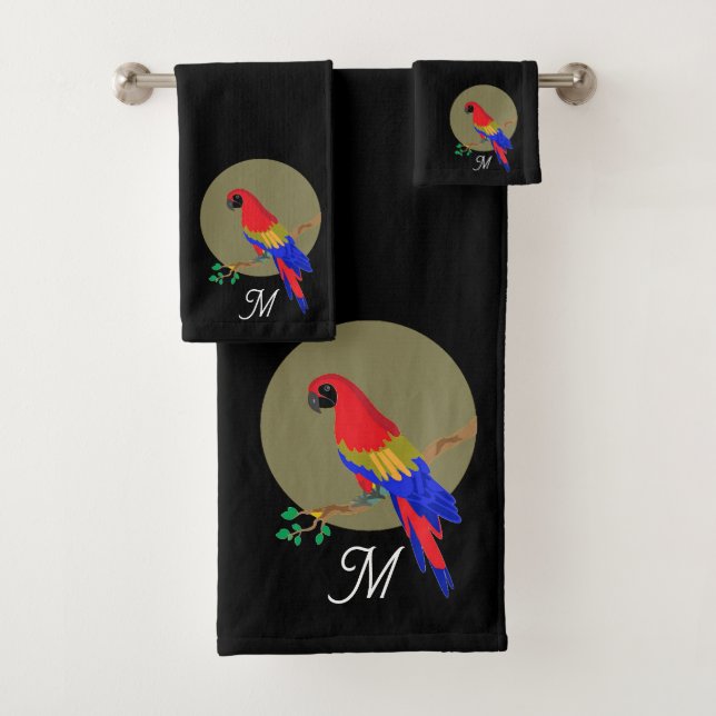 Monogram and Modern Colourful Parrot on Black Bath Towel Set (Insitu)
