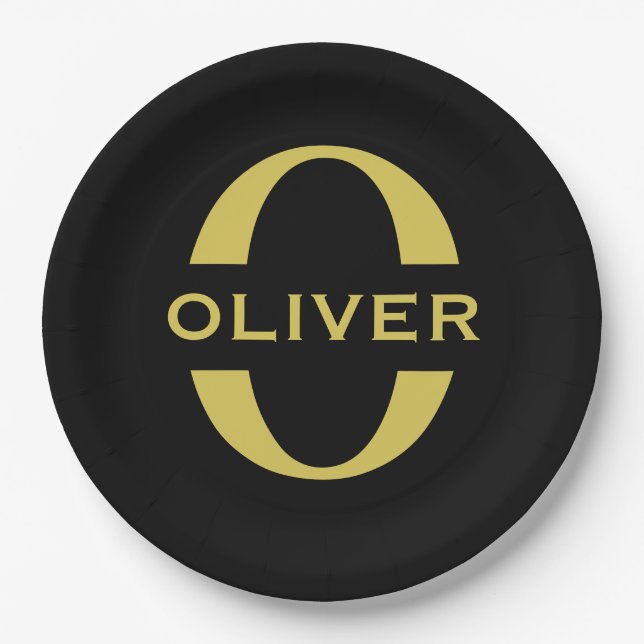 Monogram And Name Black And Gold Personalised Paper Plate (Front)