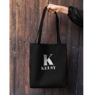 Monogram and Name Black and White Tote Bag