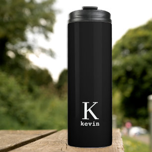 Monogram and name personalised black and white thermal tumbler