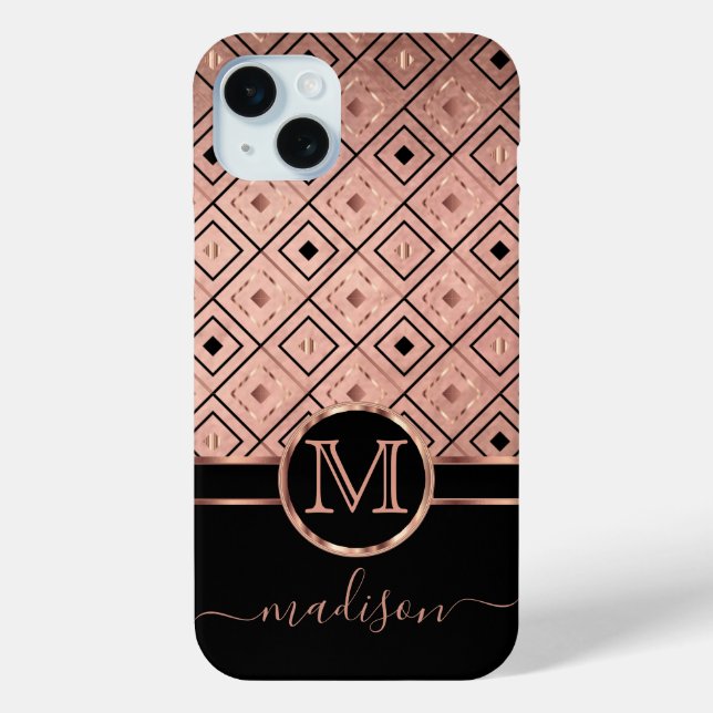 Monogram and Name Rose Gold Diamond Pattern  Case-Mate iPhone Case (Back)