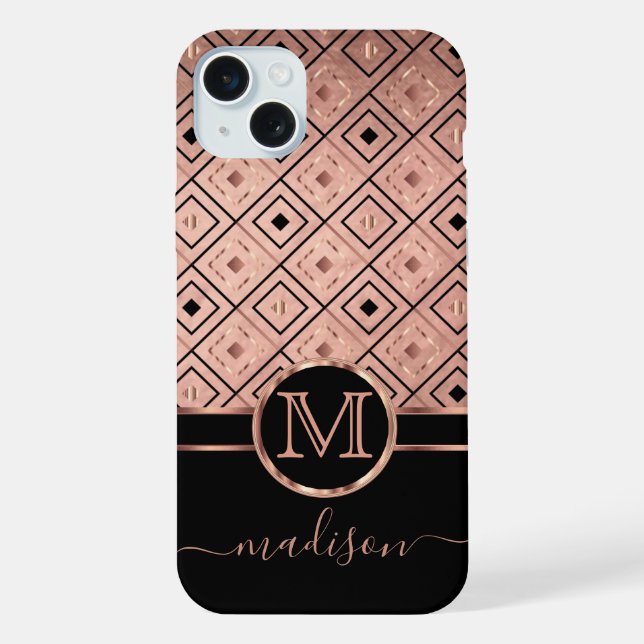 Monogram and Name Rose Gold Diamond Pattern  iPhone Case (Back)