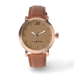 Monogram and Name Rose Gold Men's Brown Band Wrist Watch