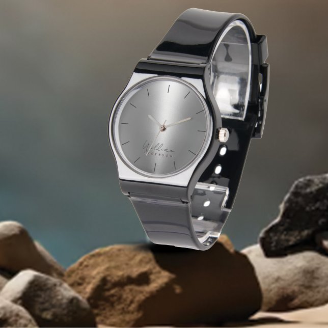 Monogram and Name Silver Metallic Men's Black Band Watch (Creator Uploaded)