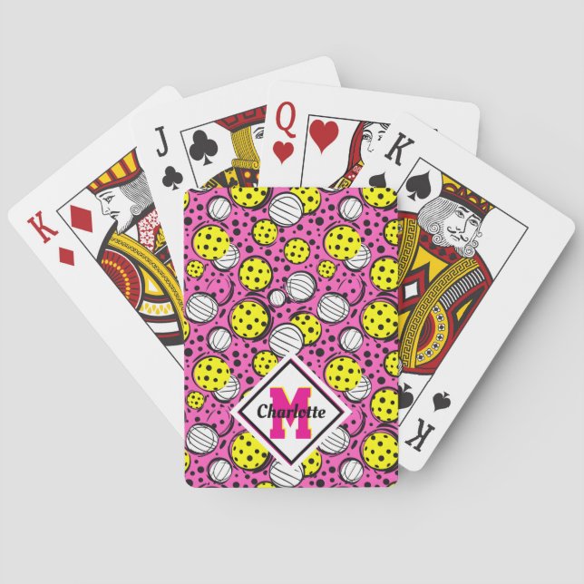 Monogram and name yellow pickleballs on pink playing cards (Back)
