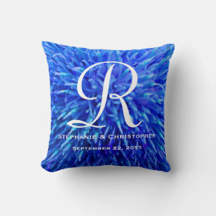 Monogram and Names Blue Abstract Floral Square Cushion