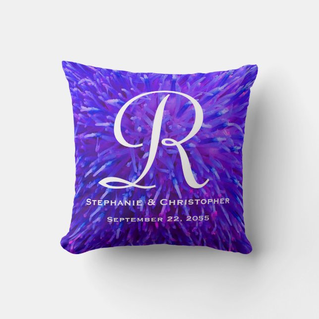 Monogram and Names Purple Abstract Floral Cushion (Front)