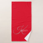 Monogram and Personalized Bath Towel<br><div class="desc">Beautiful monogram and personalized name combination on a high quality polyester and cotton bath towel. Ornate large dusty rose initial with classic font full name in white on bright red background. Design positioned on lower 1/3 of towel for esthetic appeal. Perfect addition to your bathroom decor. Makes an ideal birthday,...</div>