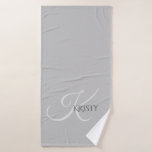 Monogram and Personalized Bath Towel<br><div class="desc">Beautiful monogram and personalized name combination on a high quality polyester and cotton bath towel. Ornate large light gray initial with classic font full name in charcoal on a medium gray background. Design positioned on lower 1/3 of towel for esthetic appeal. Perfect addition to your bathroom decor. Makes an ideal...</div>