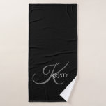 Monogram and Personalized Bath Towel<br><div class="desc">Beautiful monogram and personalized name combination on a high quality polyester and cotton bath towel. Ornate large gray initial with classic font full name in white on rich black background. Design positioned on lower 1/3 of towel for esthetic appeal. Perfect addition to your bathroom decor. Makes an ideal birthday, Mother's...</div>