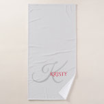 Monogram and Personalized Bath Towel<br><div class="desc">Beautiful monogram and personalized name combination on a high quality polyester and cotton bath towel. Ornate large gray initial with classic font full name in red on light gray background. Design positioned on lower 1/3 of towel for esthetic appeal. Perfect addition to your bathroom decor. Makes an ideal birthday, Mother's...</div>