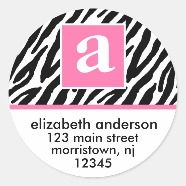 Monogram and Zebra Pattern Classic Round Sticker (Front)