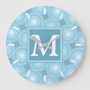 Monogram angel blue circles pattern large clock