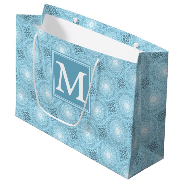 Monogram angel blue circles pattern large gift bag (Front Angled)