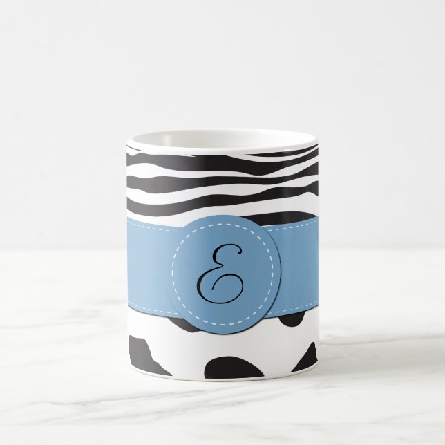 Monogram - Animal Print, Cow, Zebra - Black White Coffee Mug (Center)