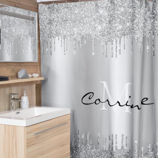 Monogram Antique Silver  Dripping Glitter Metallic Shower Curtain (Creator Uploaded)