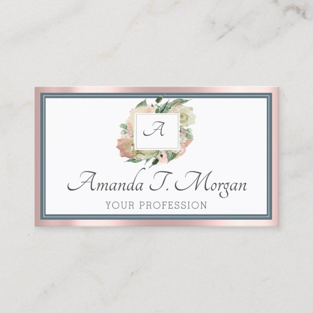 Monogram Appointment Card Rose Greenery Dusty Blue (Front)