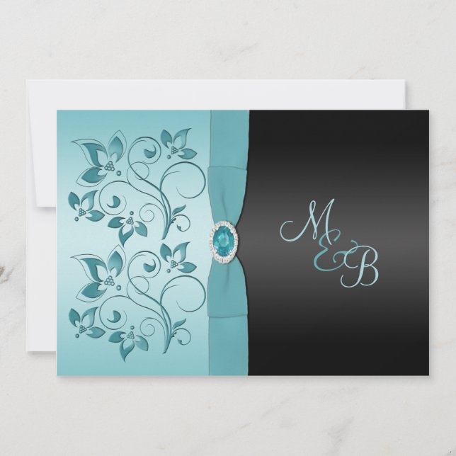 Monogram Aqua, Black Floral Wedding Invitation (Front)