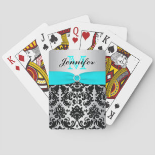 Monogram Aqua Black Silver Damask Playing Cards