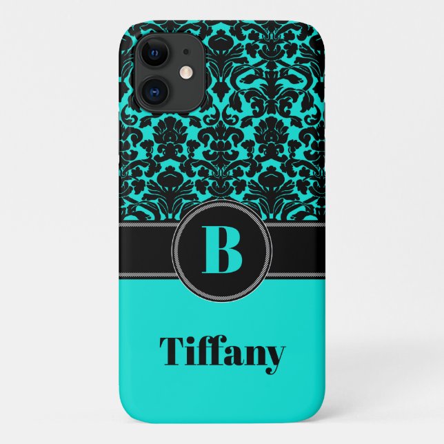Monogram Aqua, Black, White Damask iPhone 11 Case (Back)