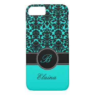 Monogram Aqua, Black, White Damask iPhone 7 Case