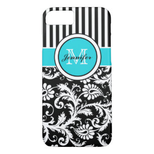 Monogram Aqua Black White Striped Damask iPhone 7 iPhone 8/7 Case