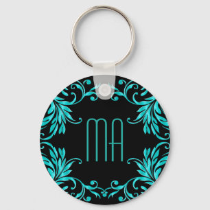 Monogram Aqua Blue Damask Key Ring