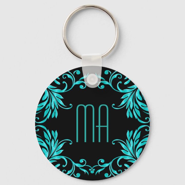 Monogram Aqua Blue Damask Key Ring (Front)