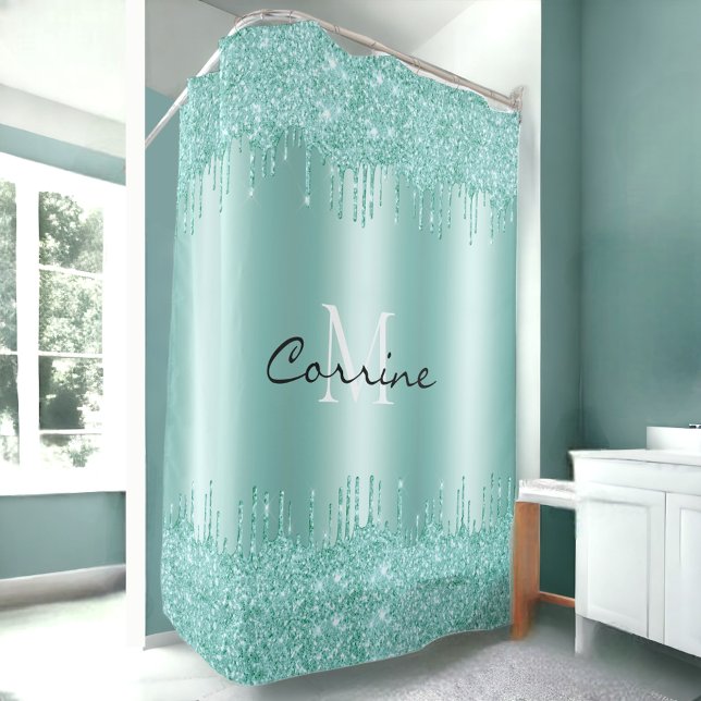 Monogram Aqua Blue Dbl Dripping Glitter Metallic Shower Curtain (Creator Uploaded)