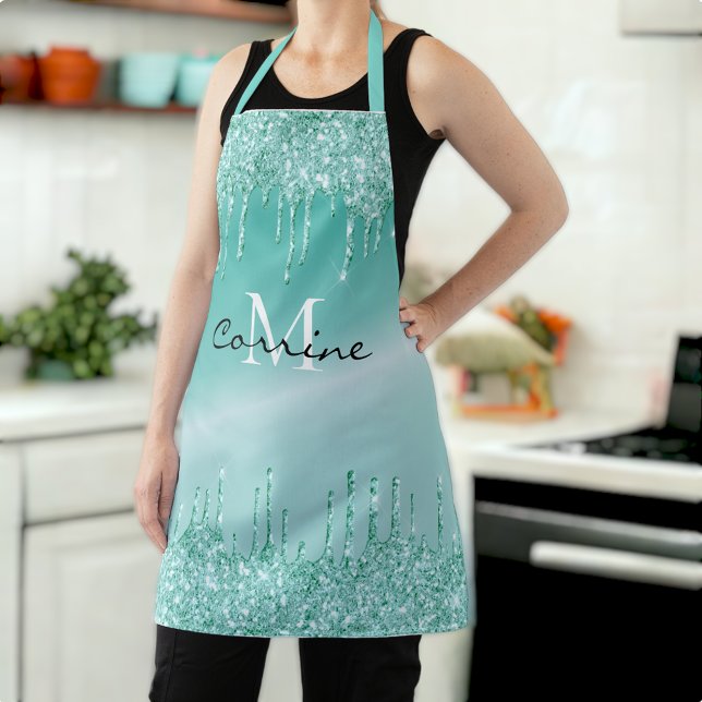 Monogram Aqua Blue Dripping Teal Glitter Metallic Apron (Creator Uploaded)
