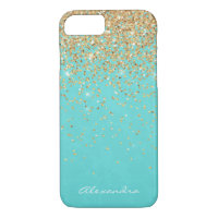 Monogram Aqua Blue Gold Glitter Confetti Girly
