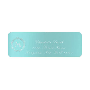 Monogram Aqua Blue Grey Silver Wreath Blush RSVP