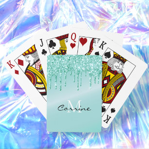 Monogram Aqua Blue Metallic Dripping Glitter Playing Cards