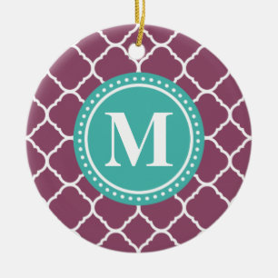 Monogram Aqua Blue Purple Quatrefoil Pattern Ceramic Tree Decoration