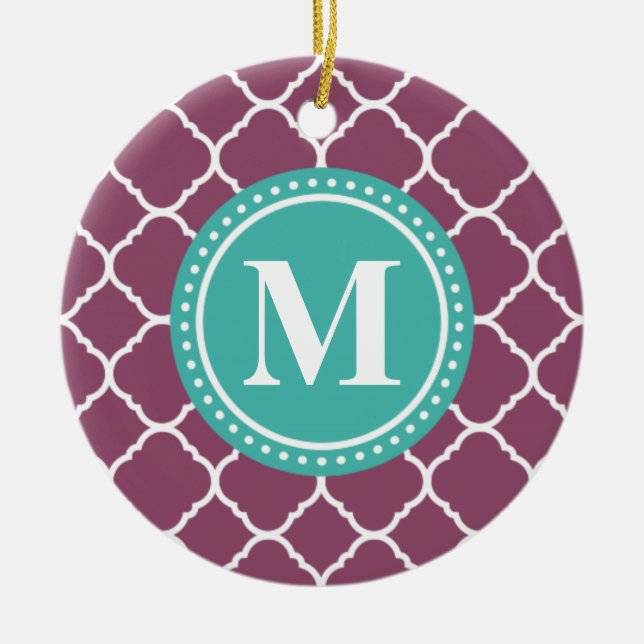 Monogram Aqua Blue Purple Quatrefoil Pattern Ceramic Tree Decoration (Front)