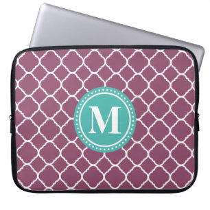 Monogram Aqua Blue Purple Quatrefoil Pattern Laptop Sleeve