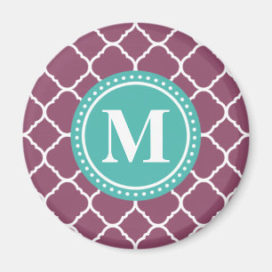 Monogram Aqua Blue Purple Quatrefoil Pattern Magnet