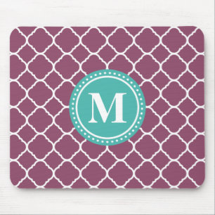 Monogram Aqua Blue Purple Quatrefoil Pattern Mouse Pad