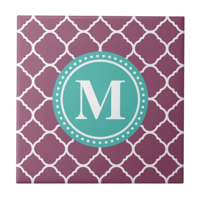 Monogram Aqua Blue Purple Quatrefoil Pattern Tile (Front)