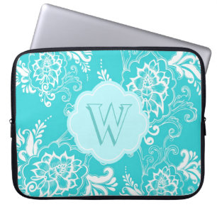 Monogram aqua blue, teal decorative floral laptop sleeve