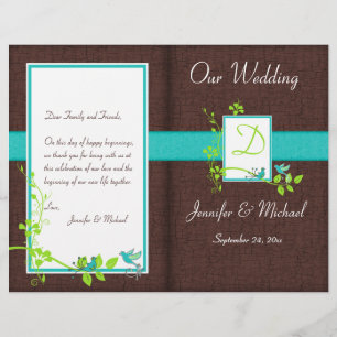 Monogram Aqua Brown Green Floral Wedding Program
