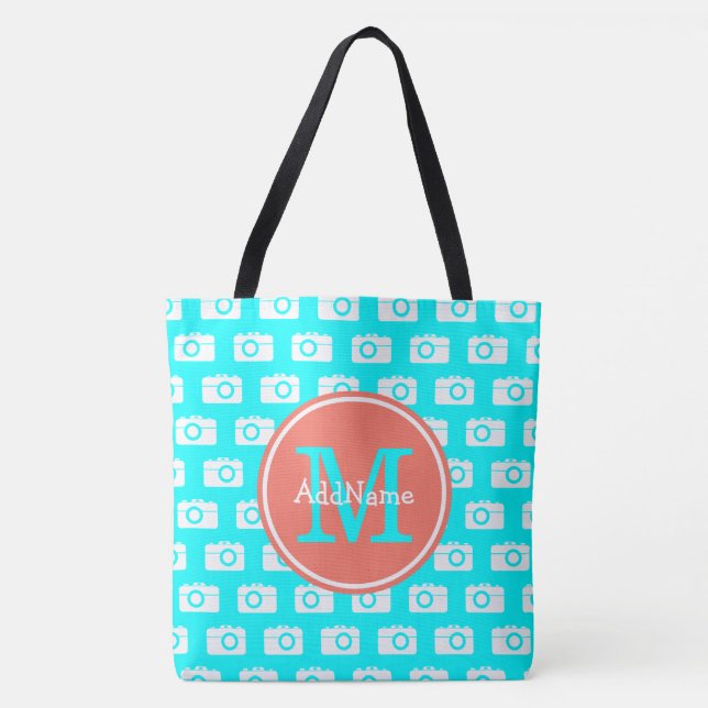 Monogram Aqua Camera Pattern with Custom Name Tote Bag (Front)