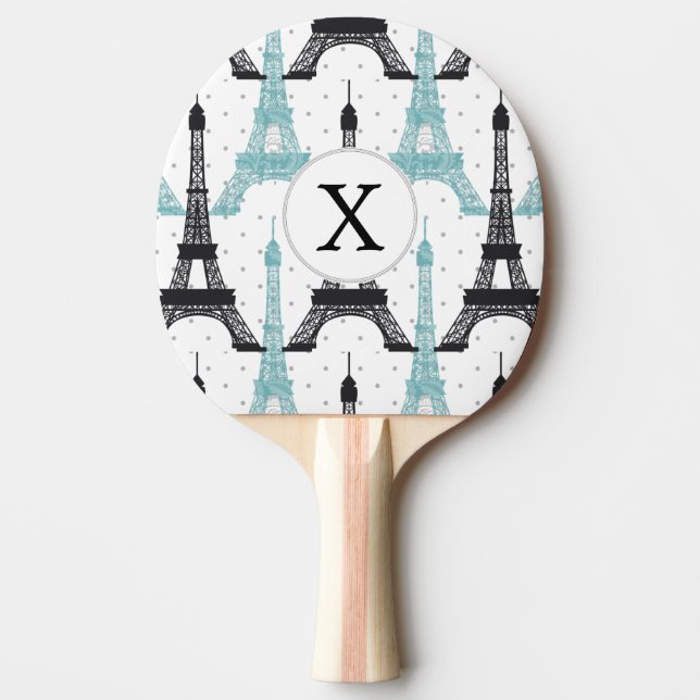 Monogram Aqua Chic Eiffel Tower Pattern Ping Pong Paddle (Front)