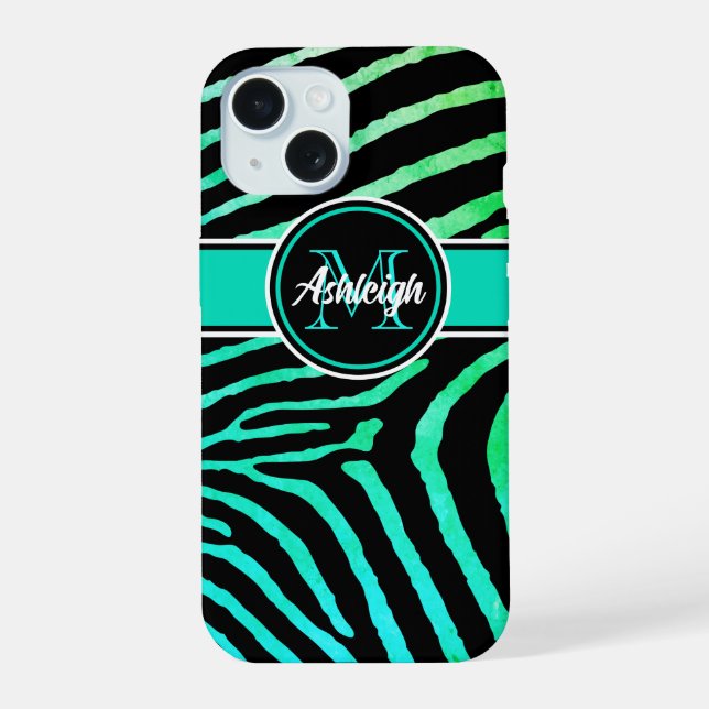 Monogram Aqua Green, Black Zebra Stripes iPhone 15 Case (Back)