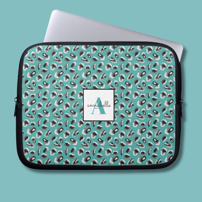 Monogram Aqua Leopard Animal Print Personalised Laptop Sleeve (Turquoise animal print personalied laptop sleeve)