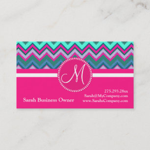 Monogram Aqua Teal Blue Pink Tribal Chevron Zigzag Business Card
