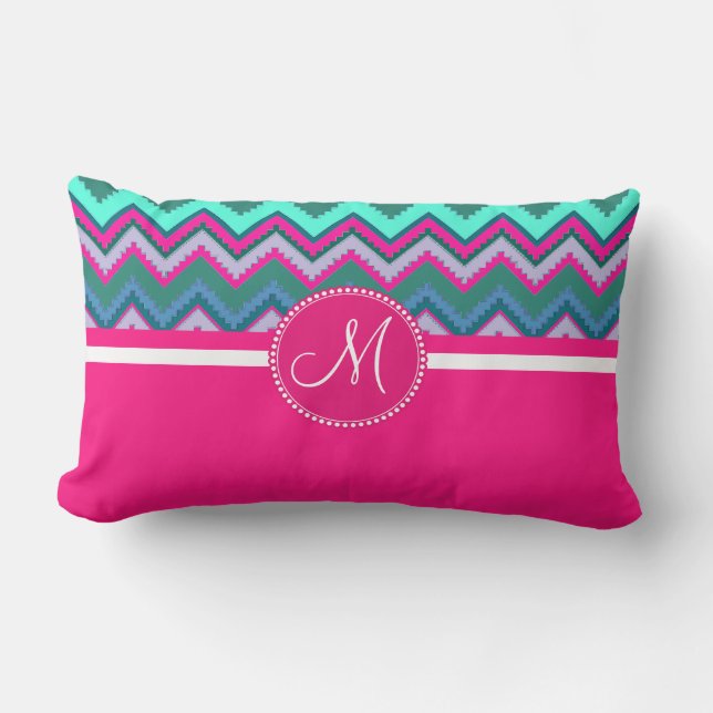 Monogram Aqua Teal Blue Pink Tribal Chevron Zigzag Lumbar Cushion (Front)