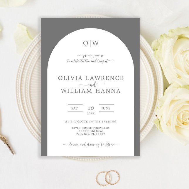 Monogram Arch Silver Grey Wedding Invitation (Creator Uploaded)